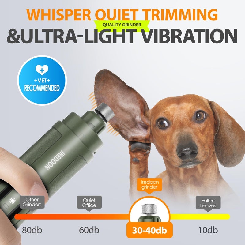 IREDOON Dog Nail Grinder Upgraded - Professional 3-Speed Super Quiet and Low Vibration Electric Pet Nail Grinder with 4 LED Lights - Painless Paws Grooming & Smoothing for Small to Large Dogs (Green) - Image 5